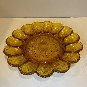 VINTAGE MID CENTURY AMBER PRESSED GLASS DEVILED EGG PLATE 12" X1.75" RELISH TRAY